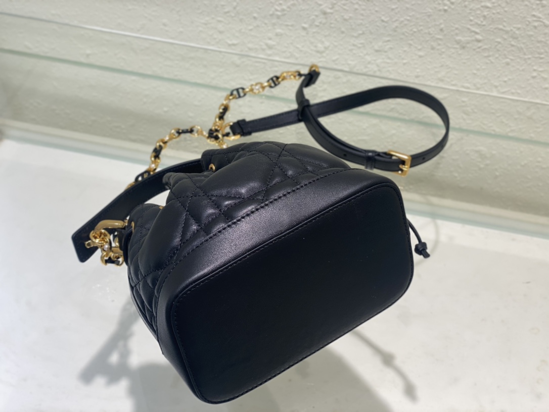 Small Dior Jolie Bucket Bag Black Macrocannage Lambskin and Calfskin